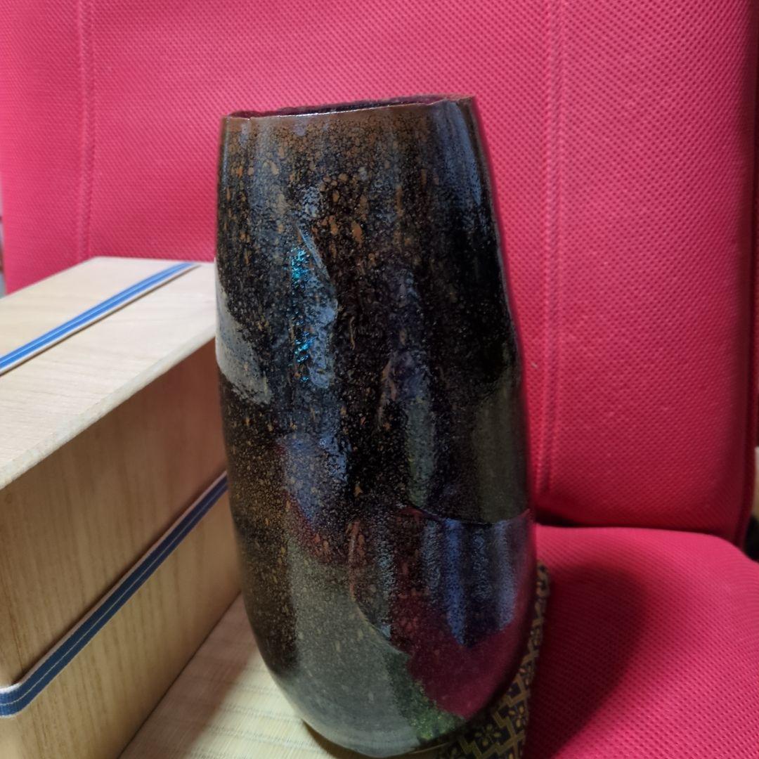 大樋年郎、天目鶴紋飾壺 木箱付き