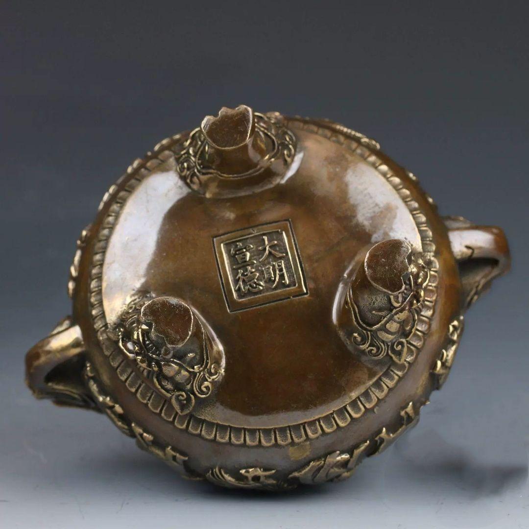 銅器 浮彫十二支盤香炉 香薫炉 獅子炉 茶道具 装飾品 工芸品 置物