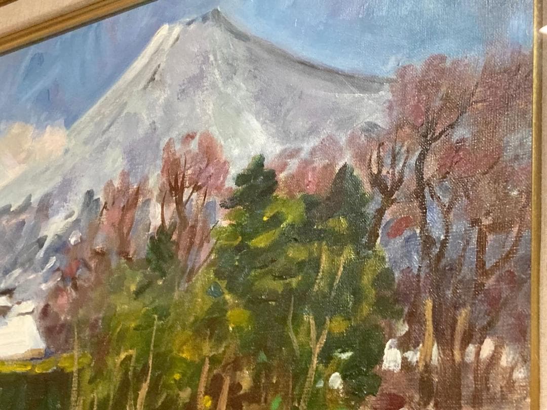 松浦莫章 (F8) 逆光の忍野より見た富士山「真作」油彩1979年造・忍野の残雪