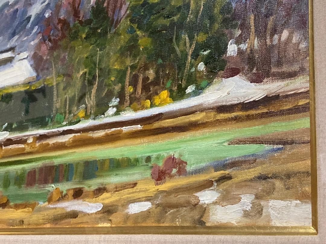 松浦莫章 (F8) 逆光の忍野より見た富士山「真作」油彩1979年造・忍野の残雪