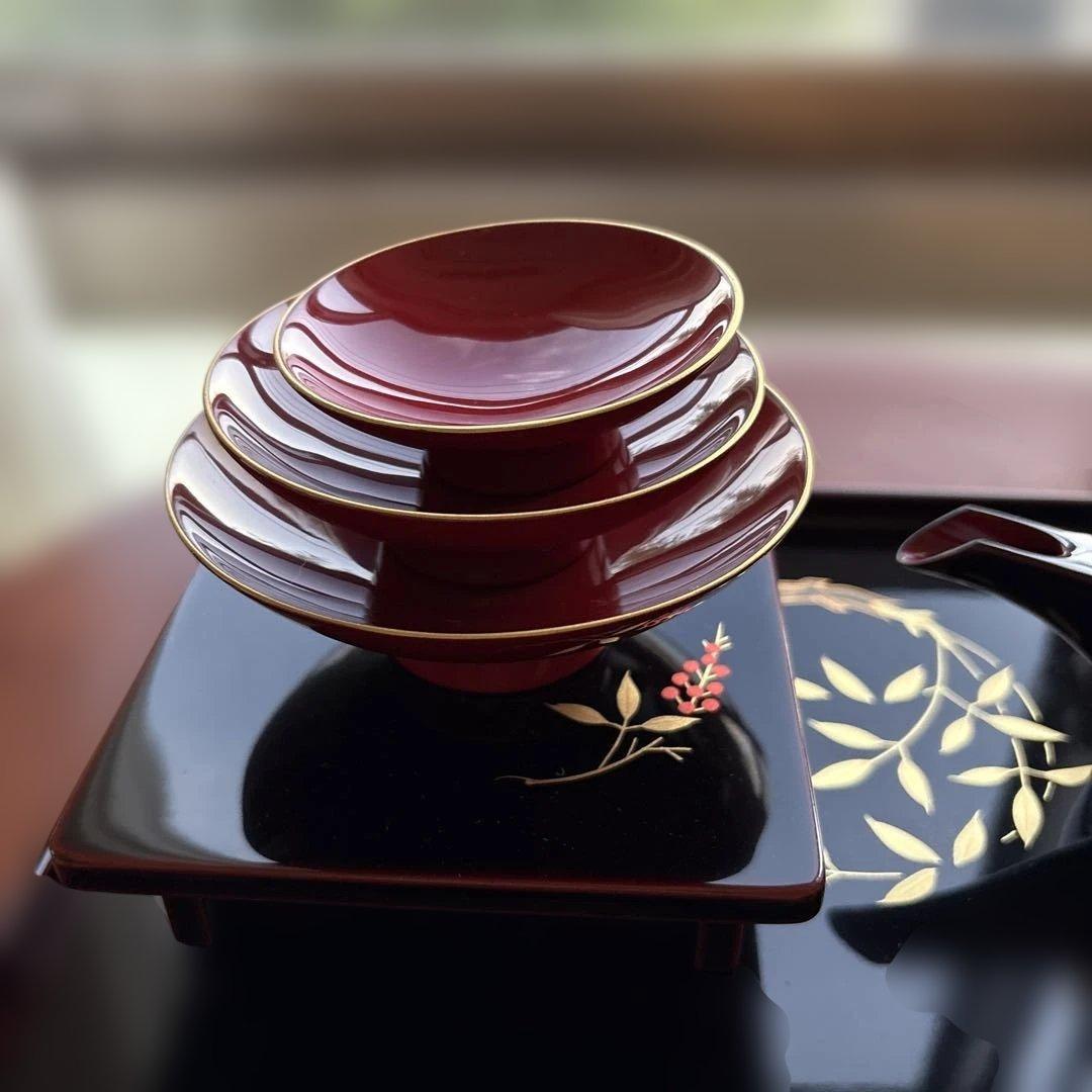 お屠蘇セット 越前漆器　 尺2長角屠蘇器　溜　新丸南天