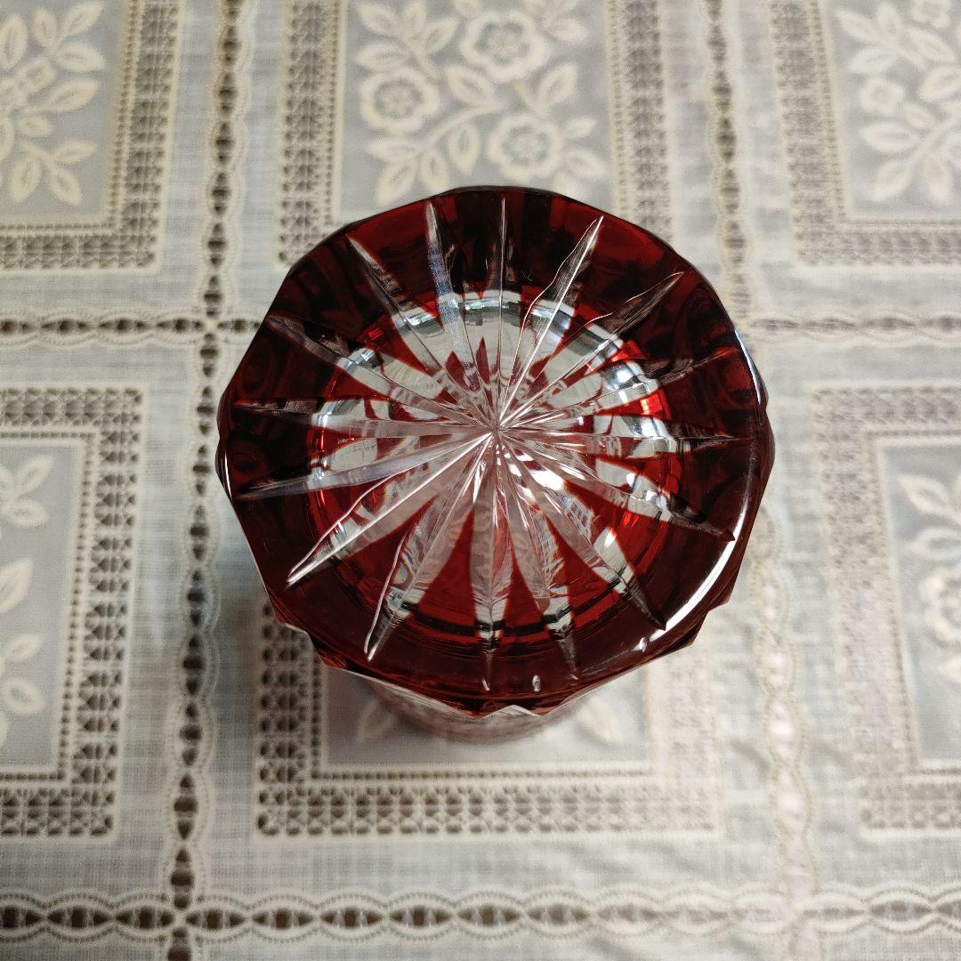 \"未使用\" ヤマザキガラス製　薩摩切子　南蛮赤　矢来　籠目　菊透かし紋様　水割り