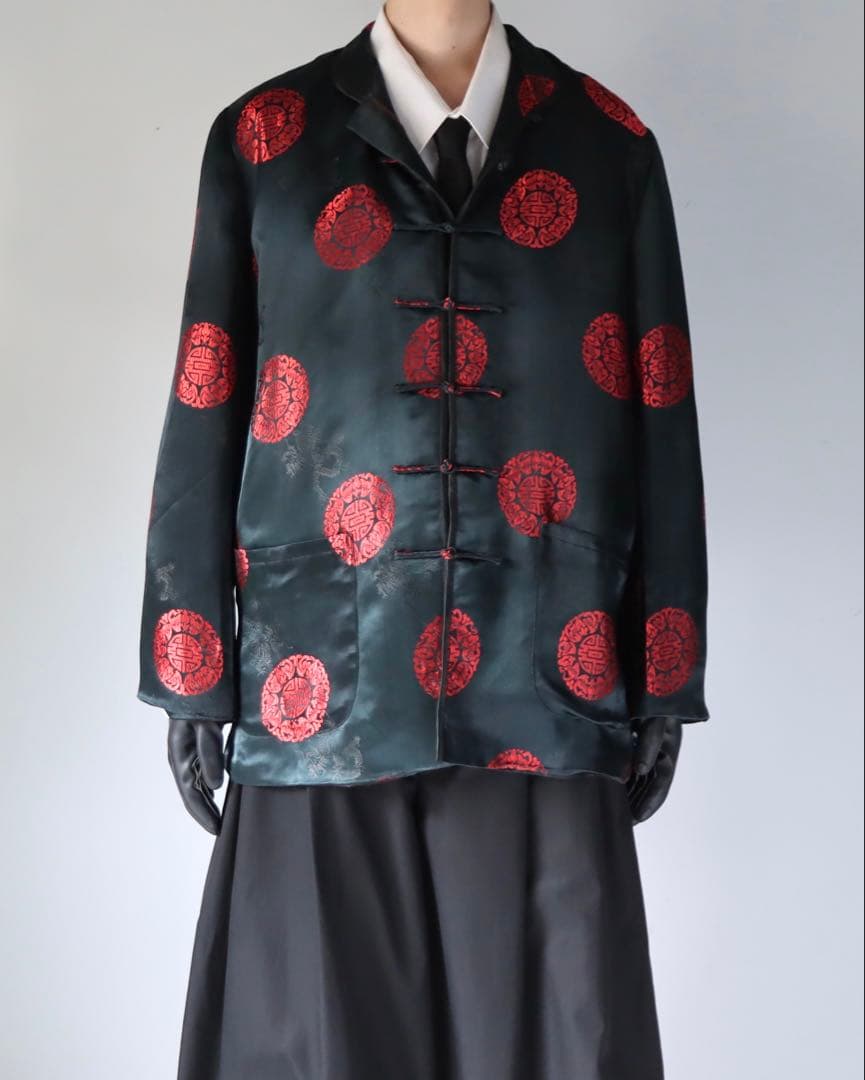 90s archive ブラック チャイナブルゾン 厚手 サテン アウター 黒色