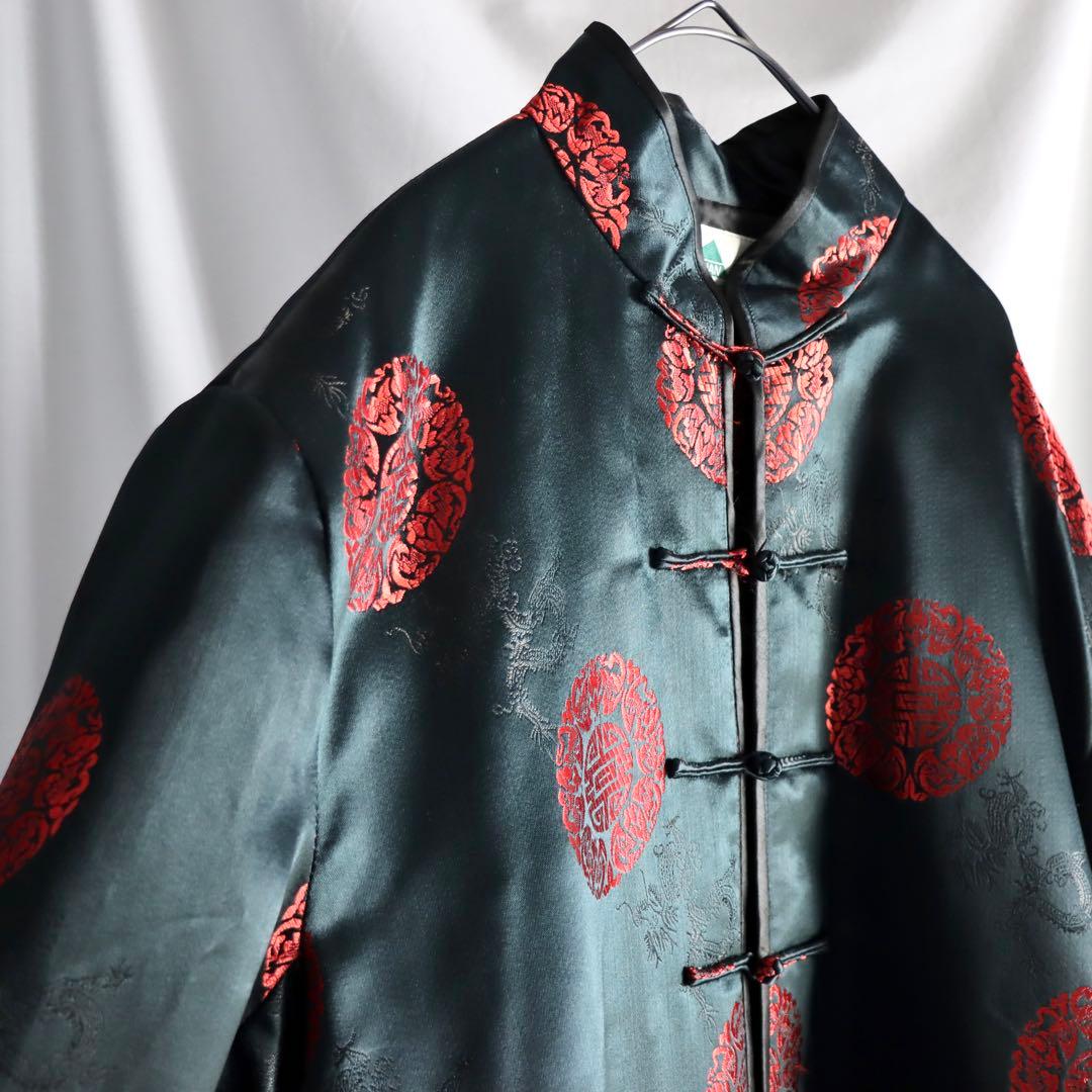 90s archive ブラック チャイナブルゾン 厚手 サテン アウター 黒色