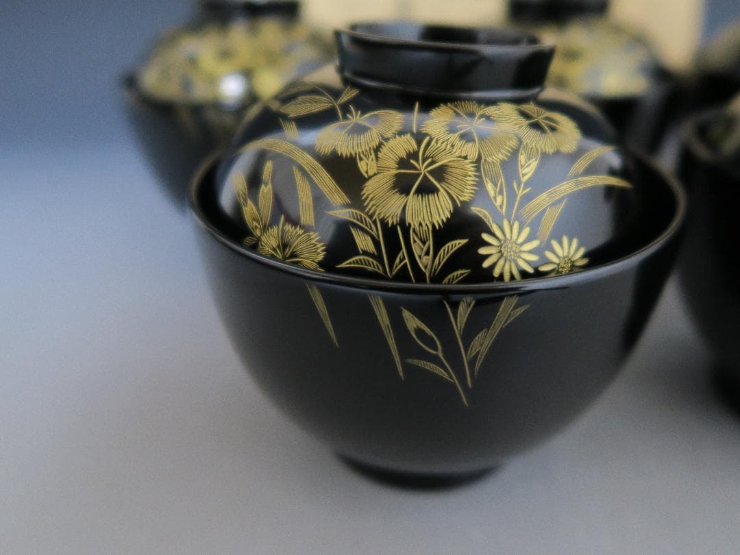 【輪島塗】極美品 秋草沈金 吸物椀 坂本漆器店 黒塗 五客揃 天然木 栞 共箱