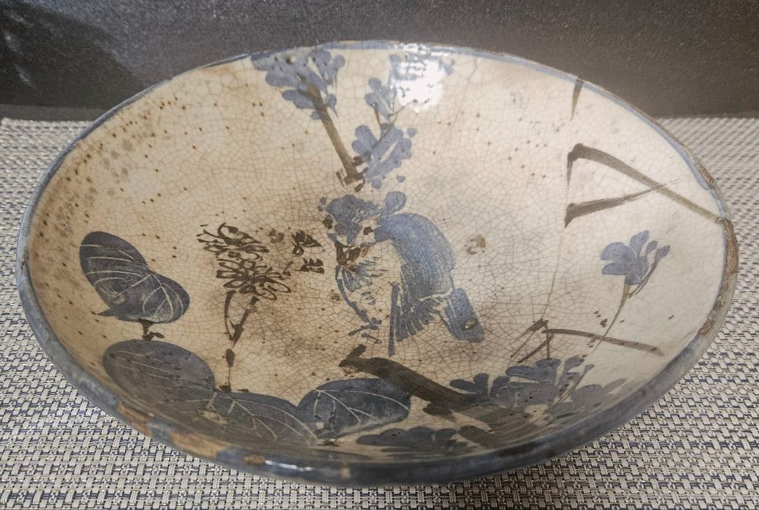 江戸時代　古清水　野々村仁清 銘　呉須 鉄絵　鳥に草花図　23.5cm鉢　盛り鉢