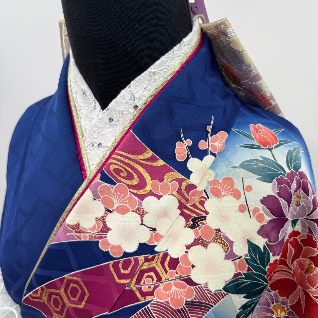 振袖豪華9点フルセット　青系　金駒刺繍　金彩　牡丹　貝桶　成人式　結婚式