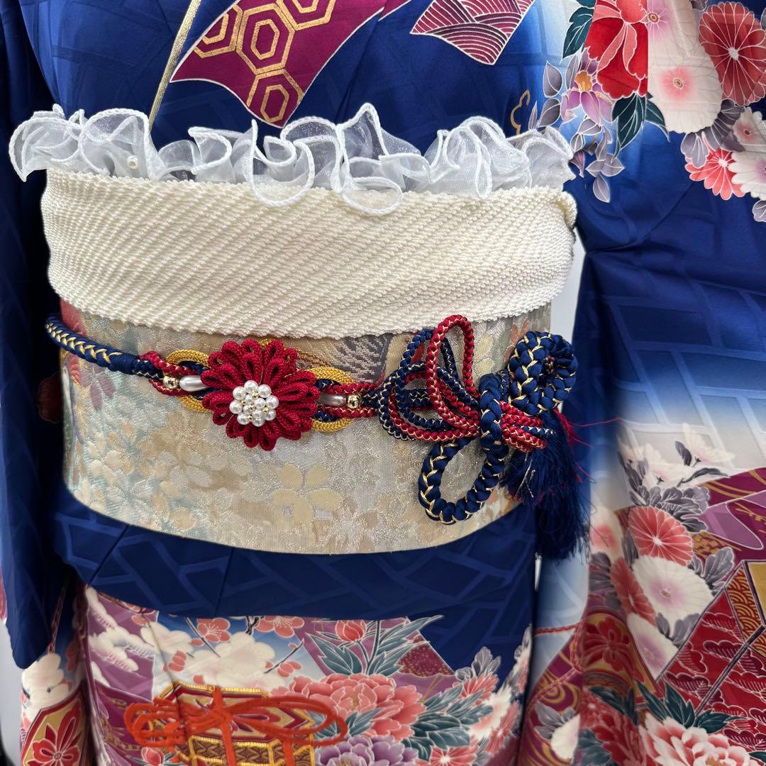 振袖豪華9点フルセット　青系　金駒刺繍　金彩　牡丹　貝桶　成人式　結婚式