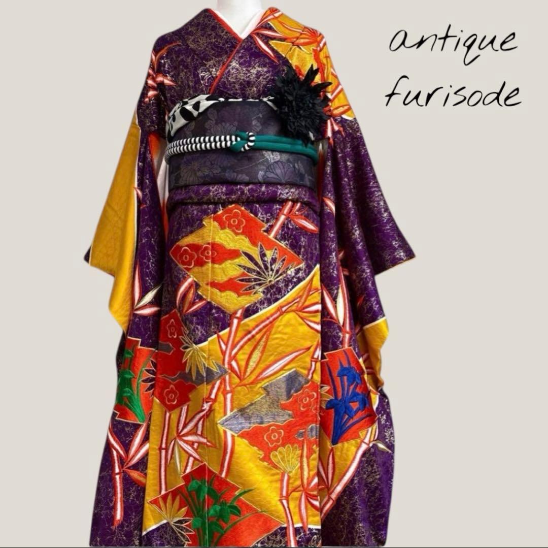 (あ862)アンティーク大振袖㊗️紫に金の幾何学模様 総刺繍✨️③点セット