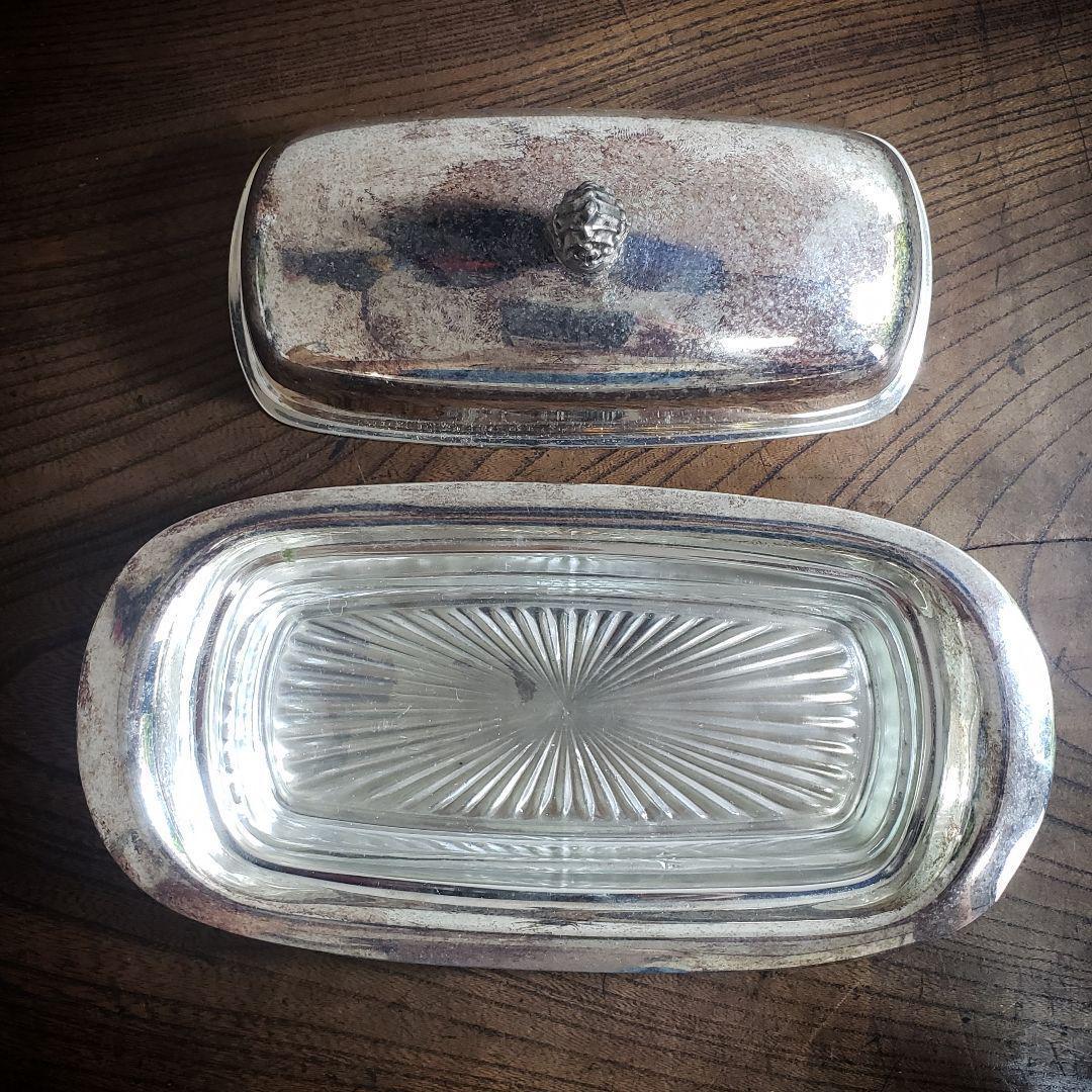 バターケース シルバープレート ビンテージ アンティーク ガラス受け