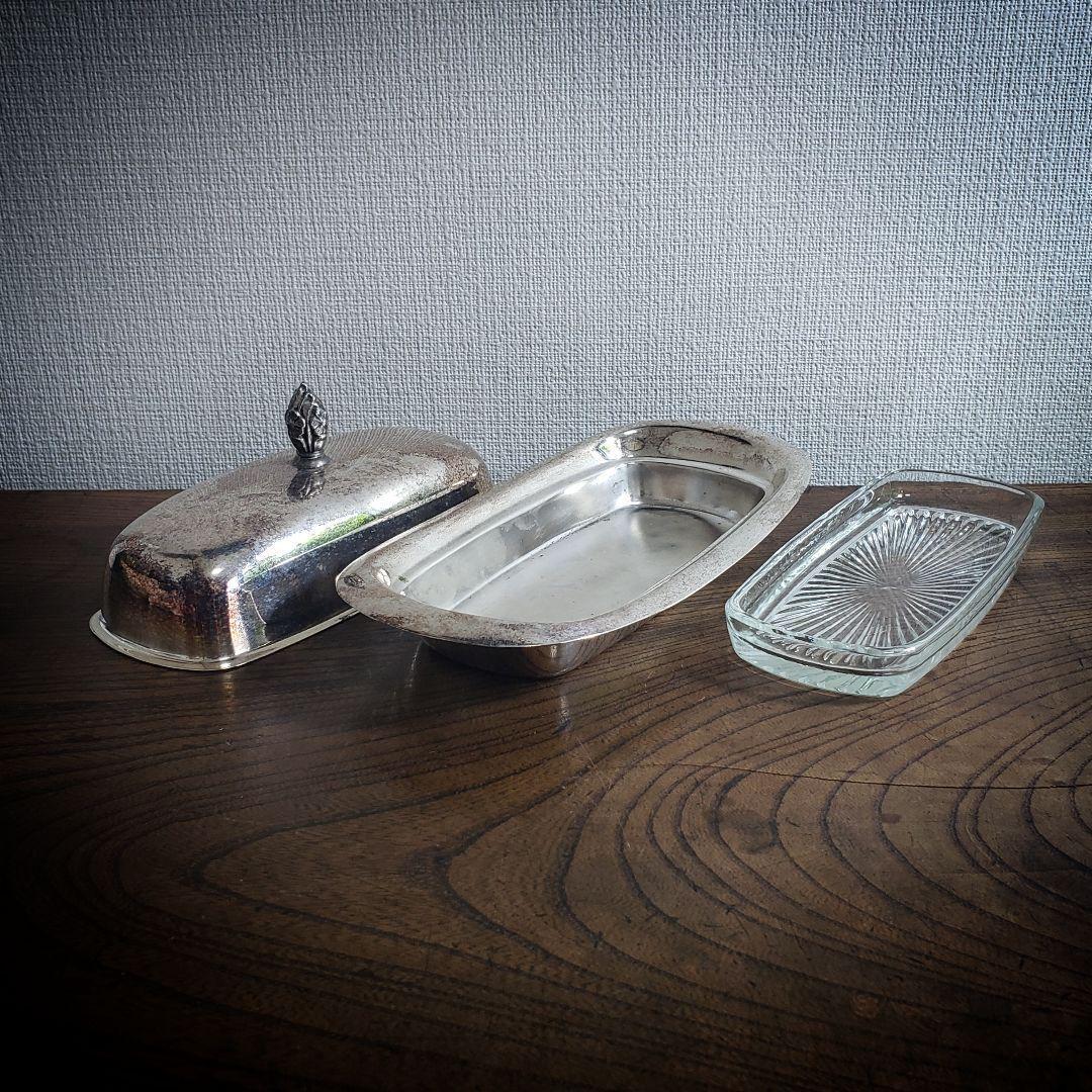バターケース シルバープレート ビンテージ アンティーク ガラス受け