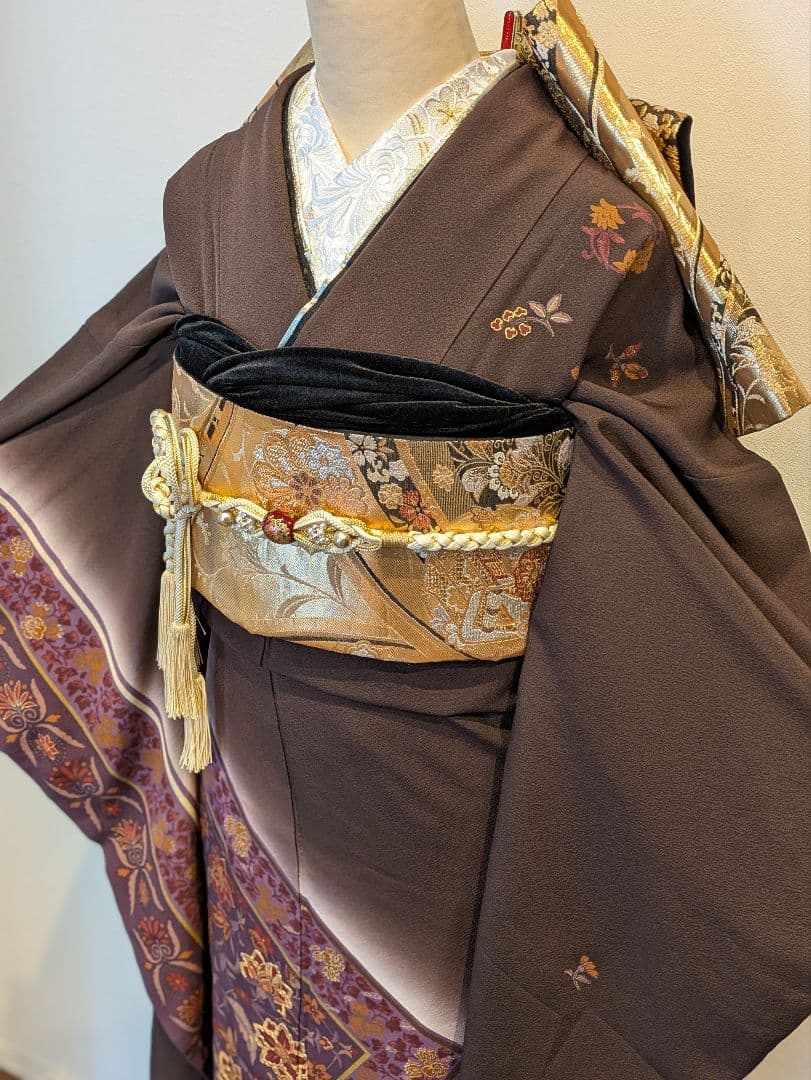 振袖フルセット 身丈168.5裄69.5 更紗 焦げ茶 ブラウン 金彩 成人式