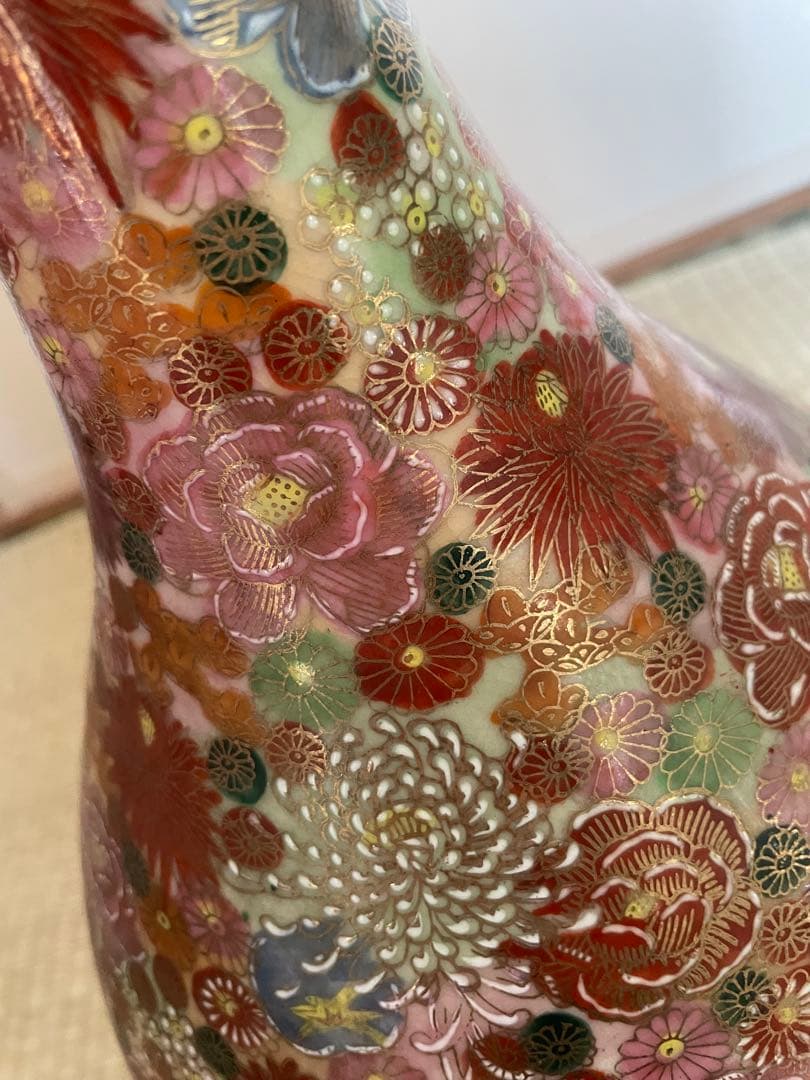 薩摩焼　飾り壺　花瓶　島津家紋入 丸十字　色絵　金彩　高さ46.5㎝ 大型　大壺