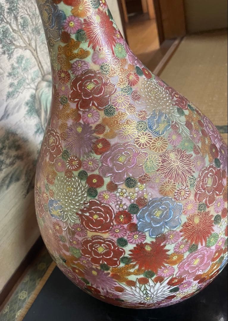 薩摩焼　飾り壺　花瓶　島津家紋入 丸十字　色絵　金彩　高さ46.5㎝ 大型　大壺