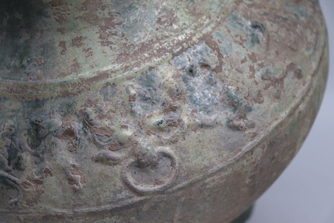 中国　漢時代　緑釉舗首耳大瓶　銀化緑釉　アンティーク　送料込み251014