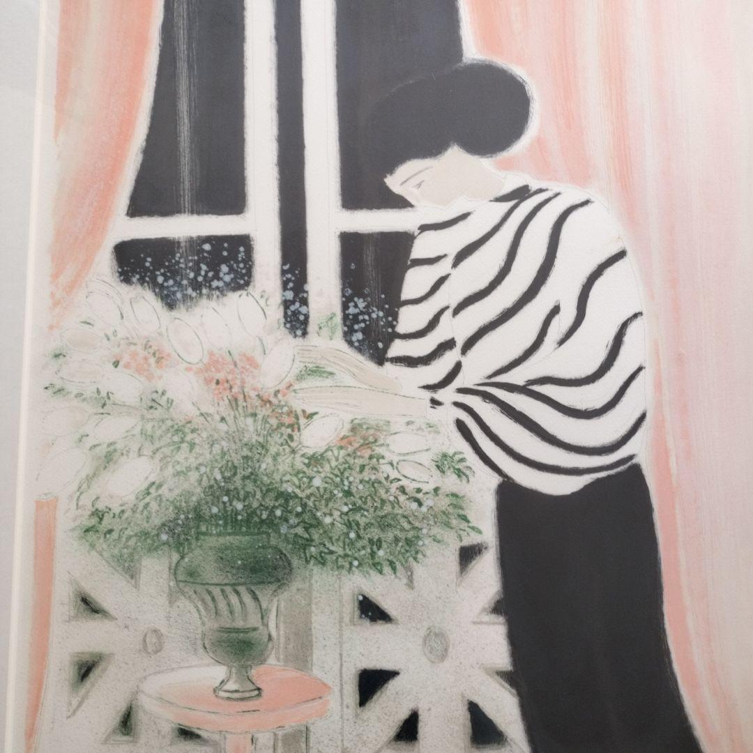 ブラジリエ作リトグラフ、 女性と花 116/125 金色フレーム