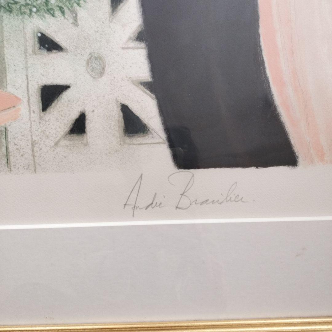 ブラジリエ作リトグラフ、 女性と花 116/125 金色フレーム