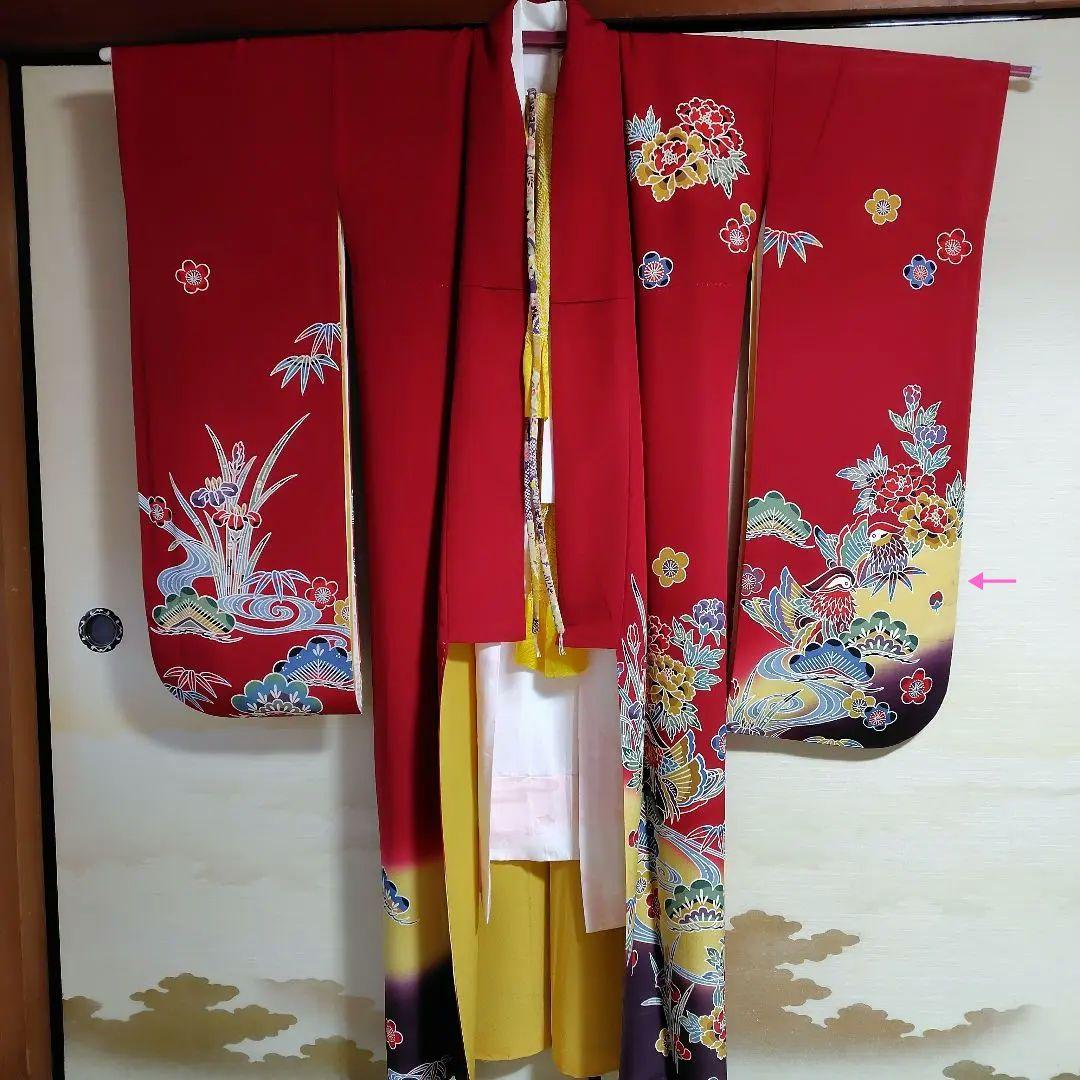 正絹 紅型調赤振袖＆長襦袢＆帯揚げ帯締めセット