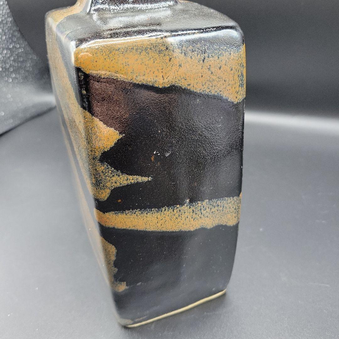 益子焼　浜田庄司　柿釉きび文角瓶