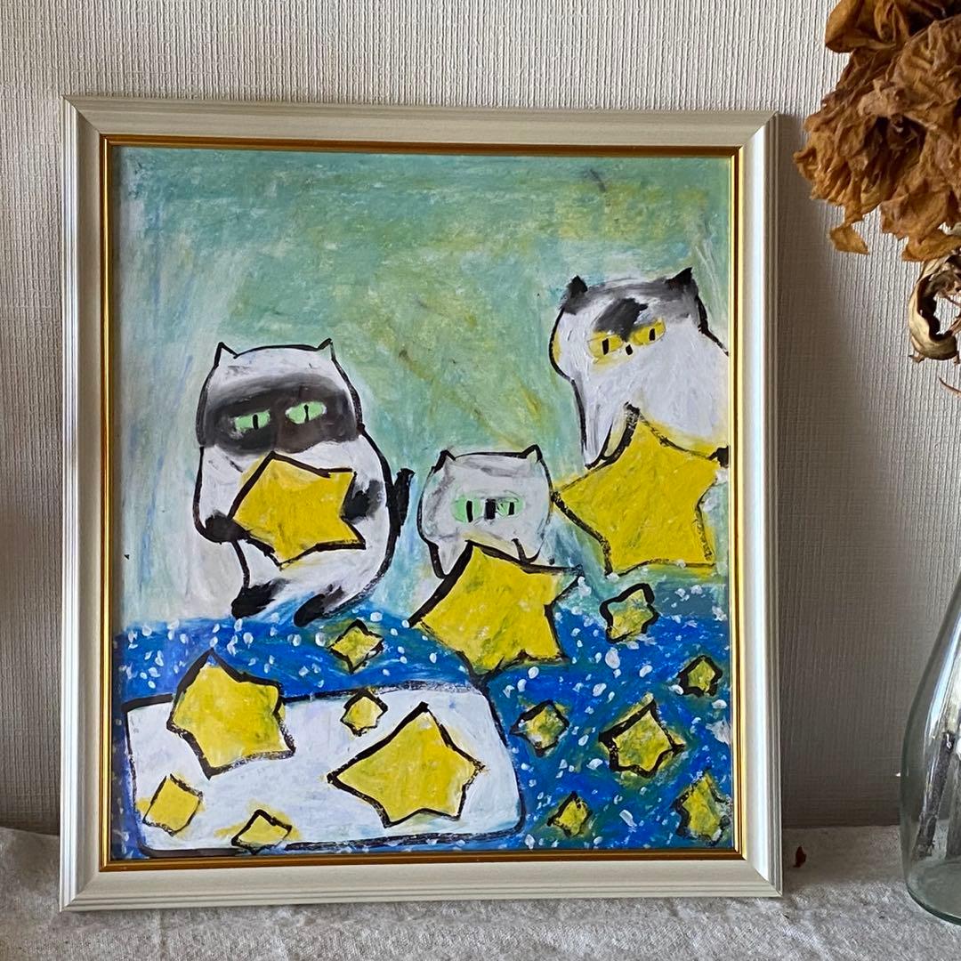 絵画 。壁掛け絵手描き【猫たちは銀河にかわいい星を入れている】