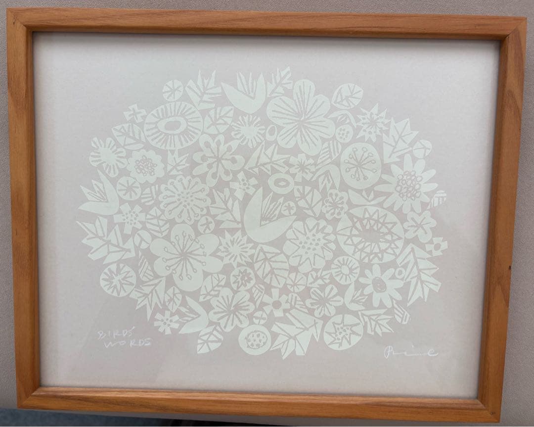 希少バーズワーズ　シルクスクリーンflowers ベージュクリーム