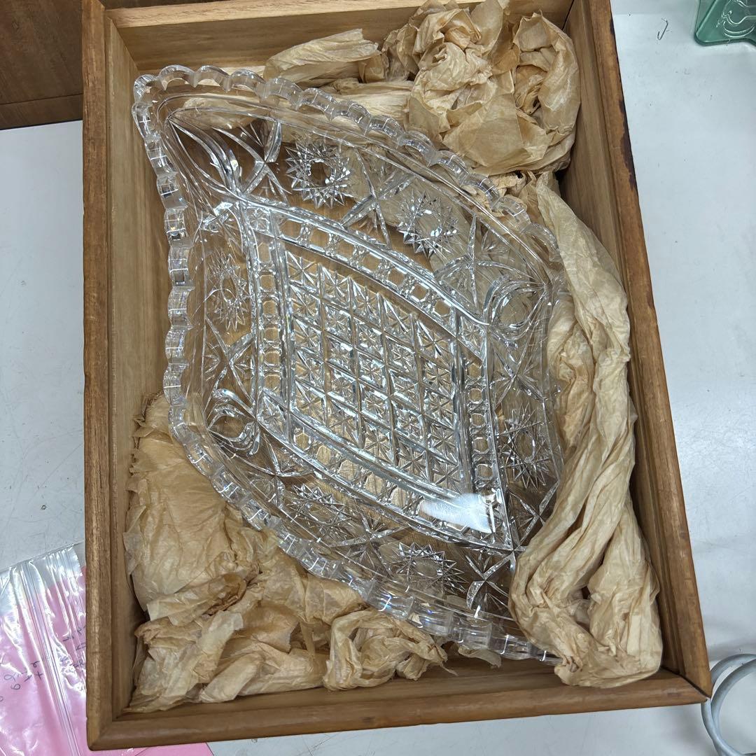 【未使用】変り皿　チェコスロバキア製　クリスタル　ダイヤカットグラス