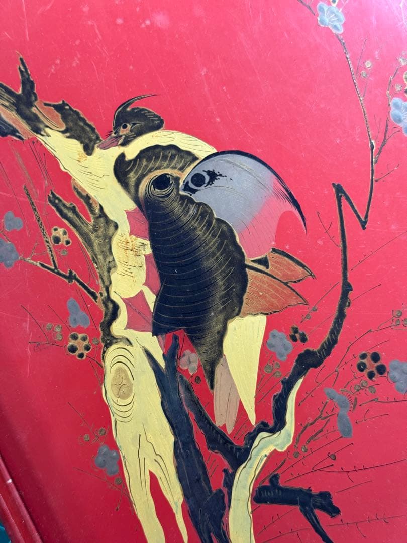 骨董お盆 漆器 朱地 木製 時代もの　古民具 鳥 アンティーク レトロ