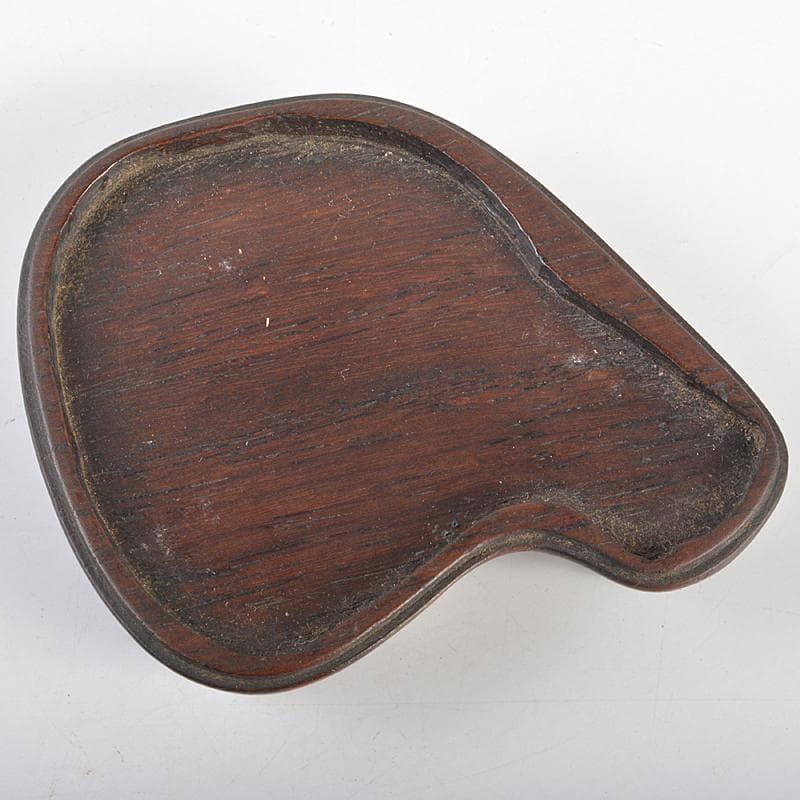 中国　玉石白玉彫刻　桃形　水孟　筆洗　唐木台・時代箱付　V　R7093