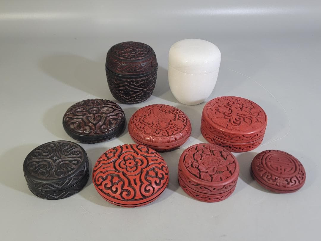 中国 堆朱堆黒 蓋物 9件 まとめて DT743