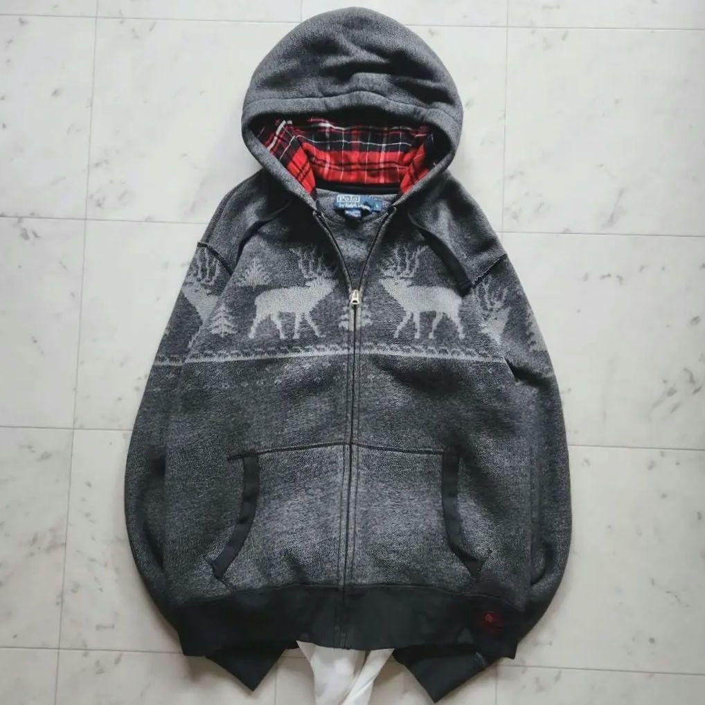 美品 ラルフローレン ジップパーカー ノルディック柄 グレー 裏地フリース Ｌ