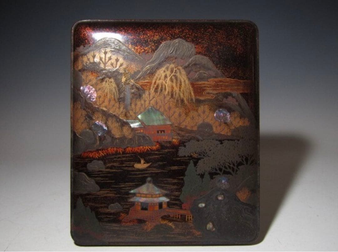 時代 硯箱 山水蒔絵 金梨地 高級感のある時代の名品！7796