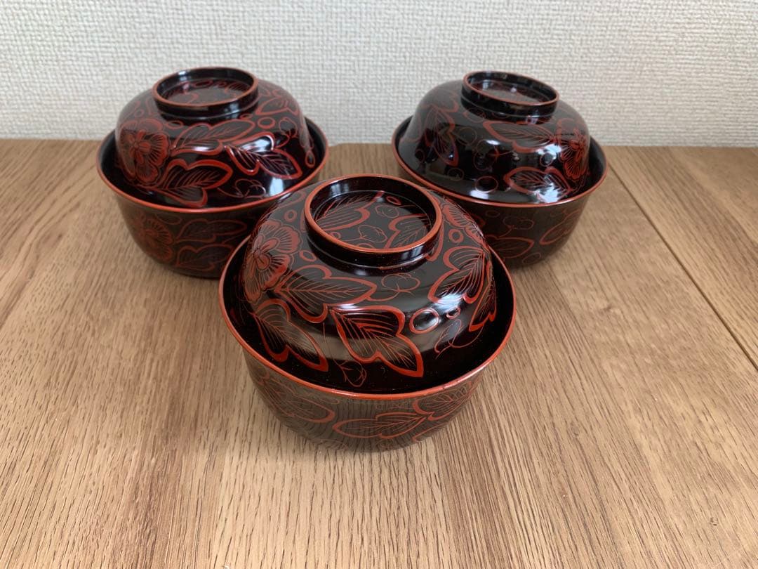 吉野塗　時代物　木芙蓉文のお椀3客　検懐石道具吉野塗　飯碗　吸物椀　珍品　蓋皿