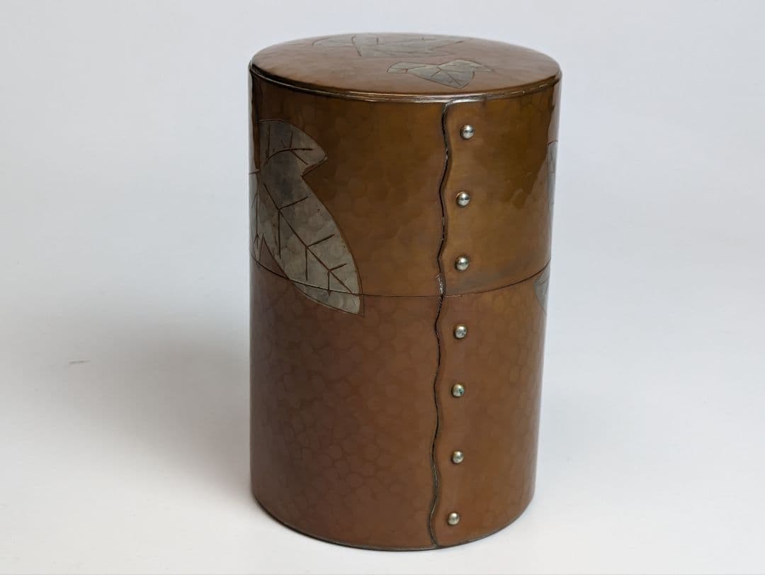 ◇玉川堂◇ ◆ 鎚起銅器 茶筒 急須台 茶箕 ◆ 共箱あり 葉文 茶さじ