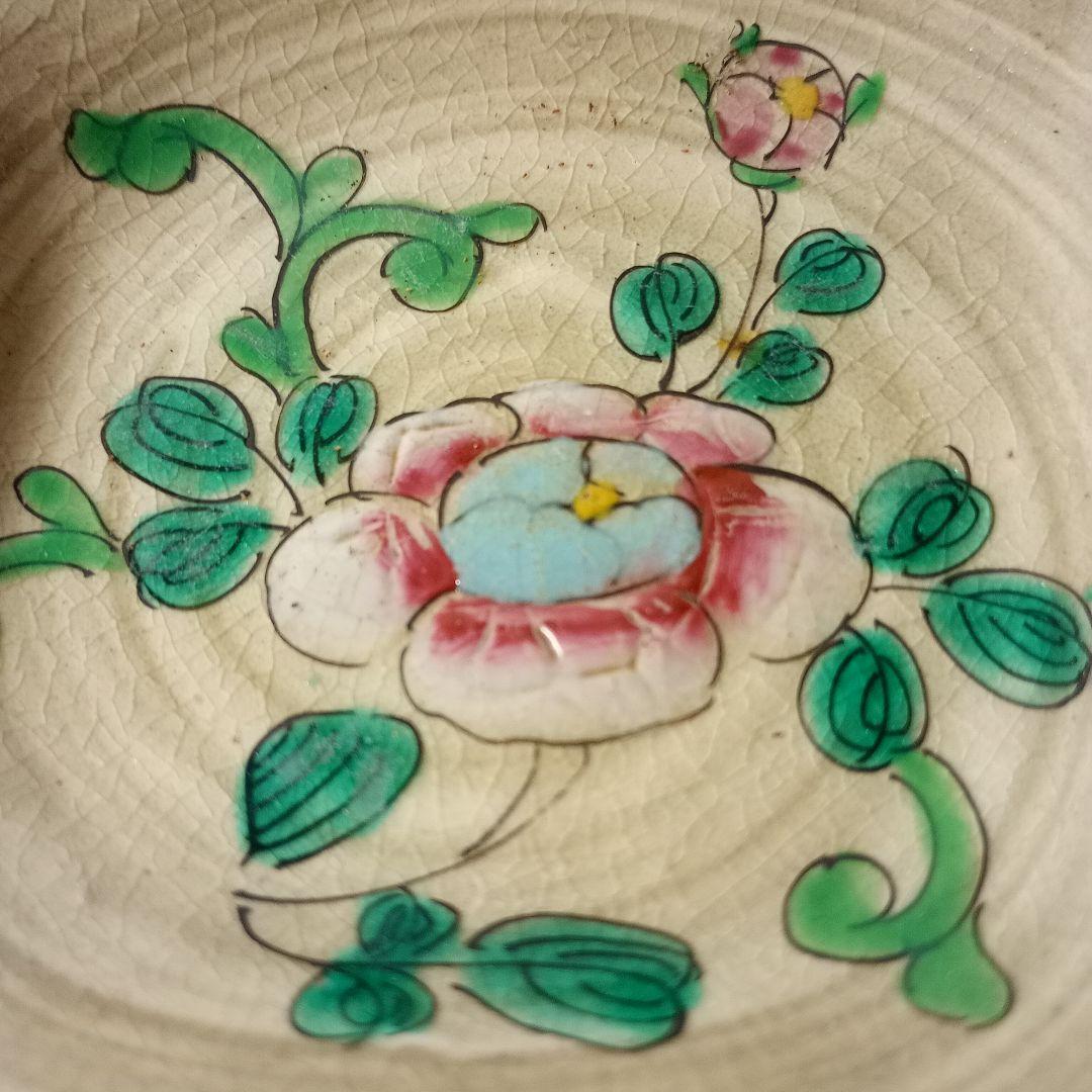 萬古焼　色絵粉彩手写花文皿九客