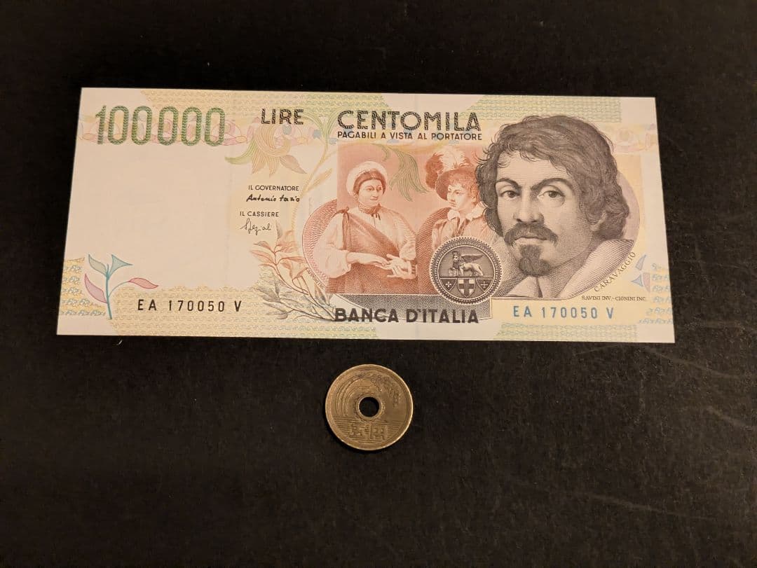 未使用　イタリア　1994年　画家カラヴァッジョ　10万リラ　P-117a