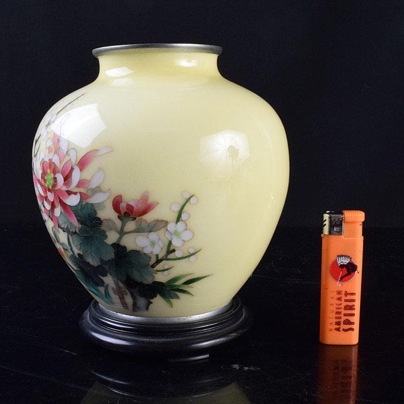 七宝焼　林武生作　黄地　四君子文　花瓶　共箱　M　R9341H