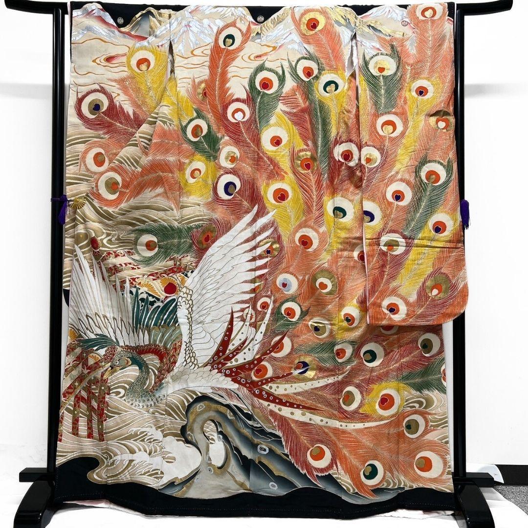 アンティーク　刺繍　金狛刺繍　鳳凰　羽模様　振袖　引き摺り　着物　104a p