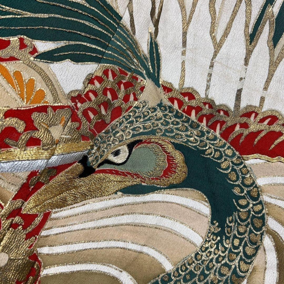 アンティーク　刺繍　金狛刺繍　鳳凰　羽模様　振袖　引き摺り　着物　104a p