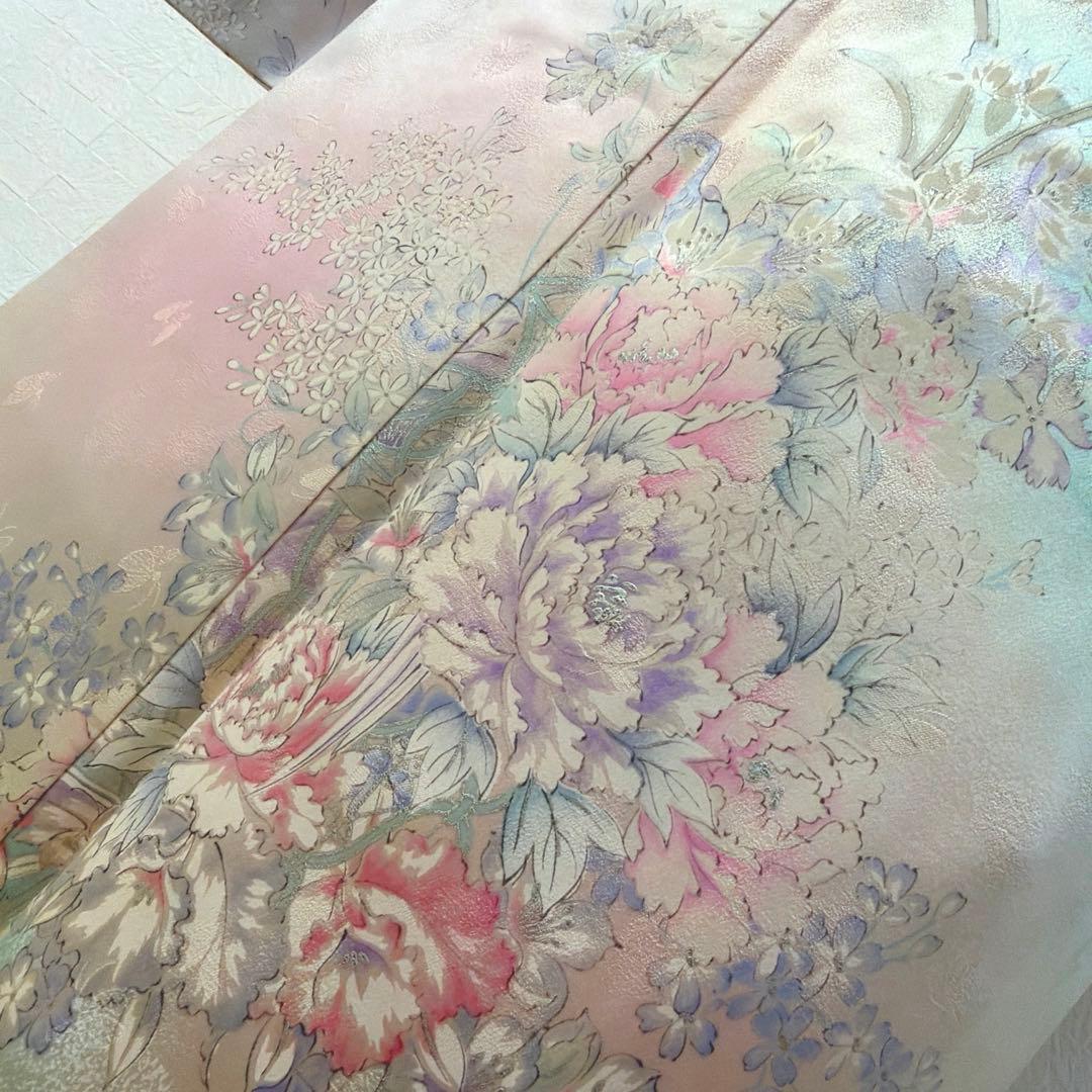 497 振袖フルセット 正絹 ピンク 水色 生成 銀彩 総手書き 暈し染め 蝶