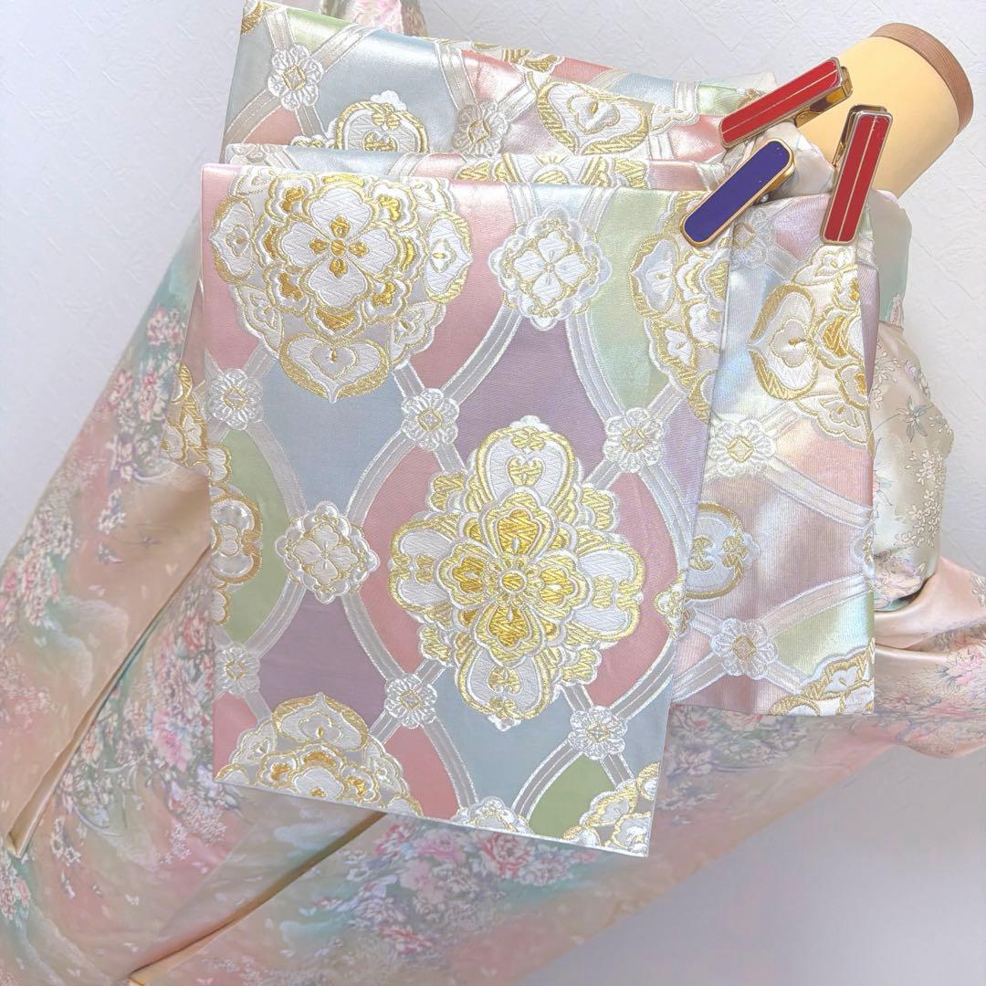 497 振袖フルセット 正絹 ピンク 水色 生成 銀彩 総手書き 暈し染め 蝶