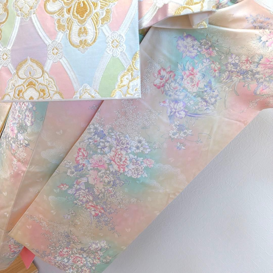 497 振袖フルセット 正絹 ピンク 水色 生成 銀彩 総手書き 暈し染め 蝶