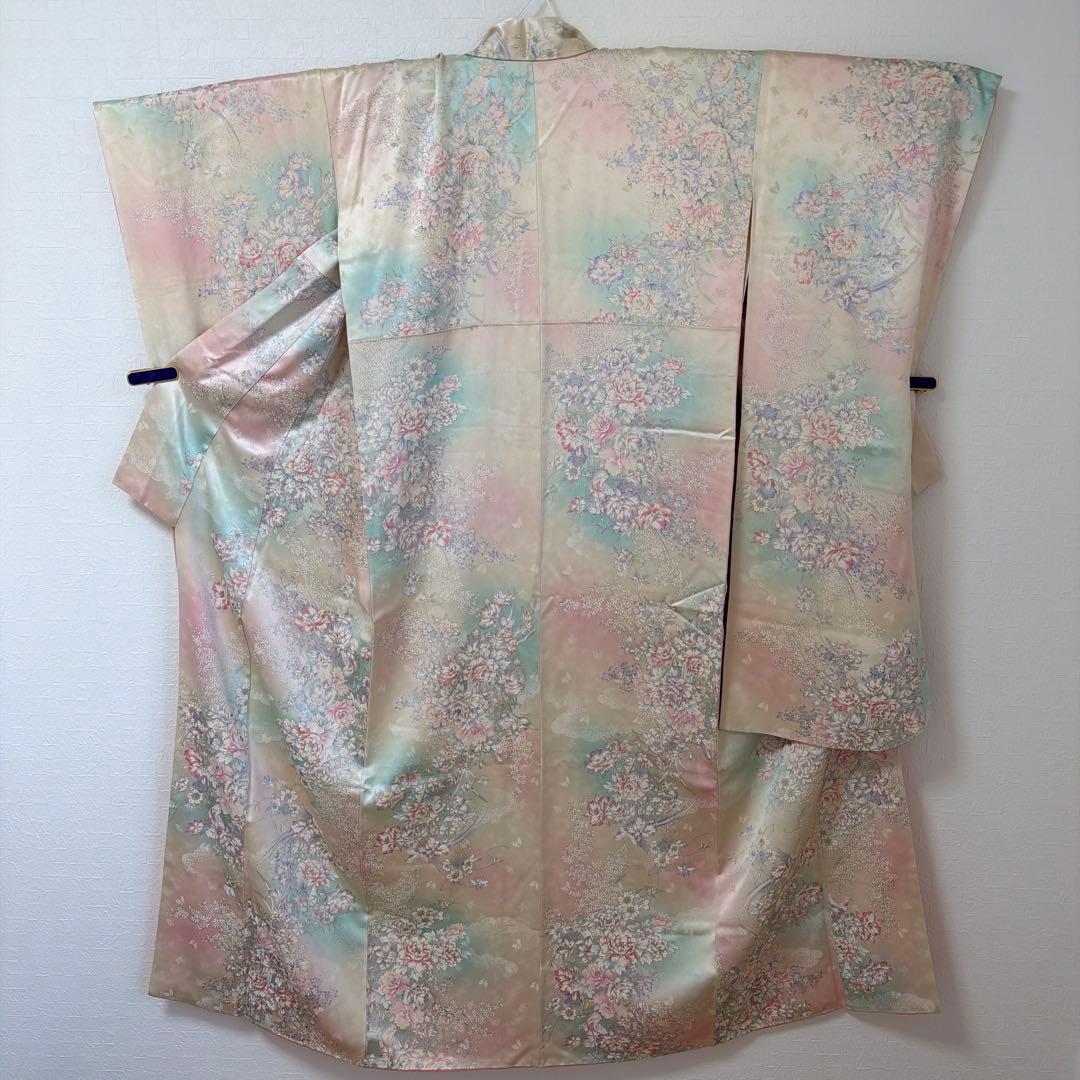 497 振袖フルセット 正絹 ピンク 水色 生成 銀彩 総手書き 暈し染め 蝶