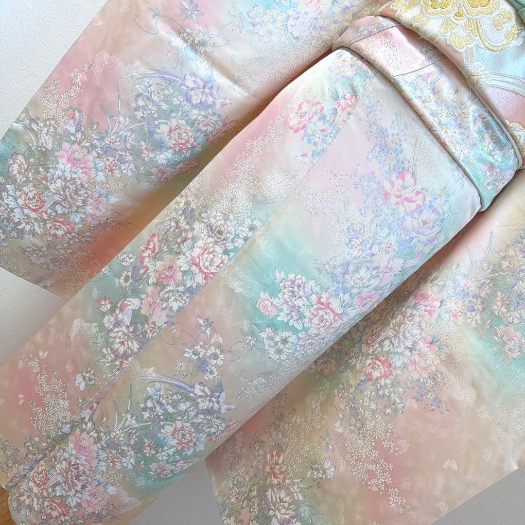 497 振袖フルセット 正絹 ピンク 水色 生成 銀彩 総手書き 暈し染め 蝶