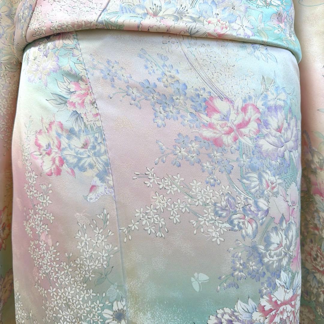 497 振袖フルセット 正絹 ピンク 水色 生成 銀彩 総手書き 暈し染め 蝶