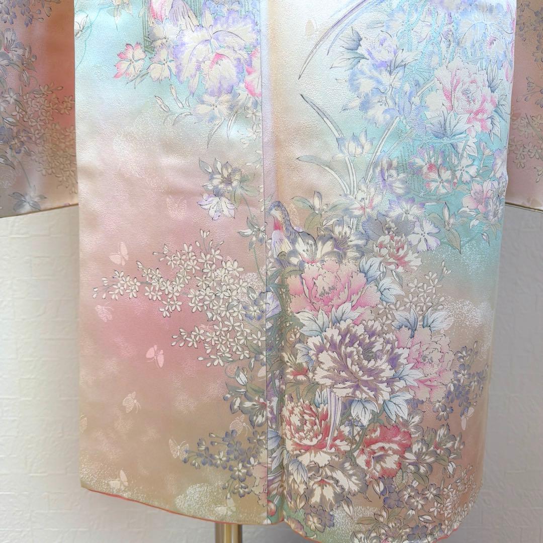 497 振袖フルセット 正絹 ピンク 水色 生成 銀彩 総手書き 暈し染め 蝶