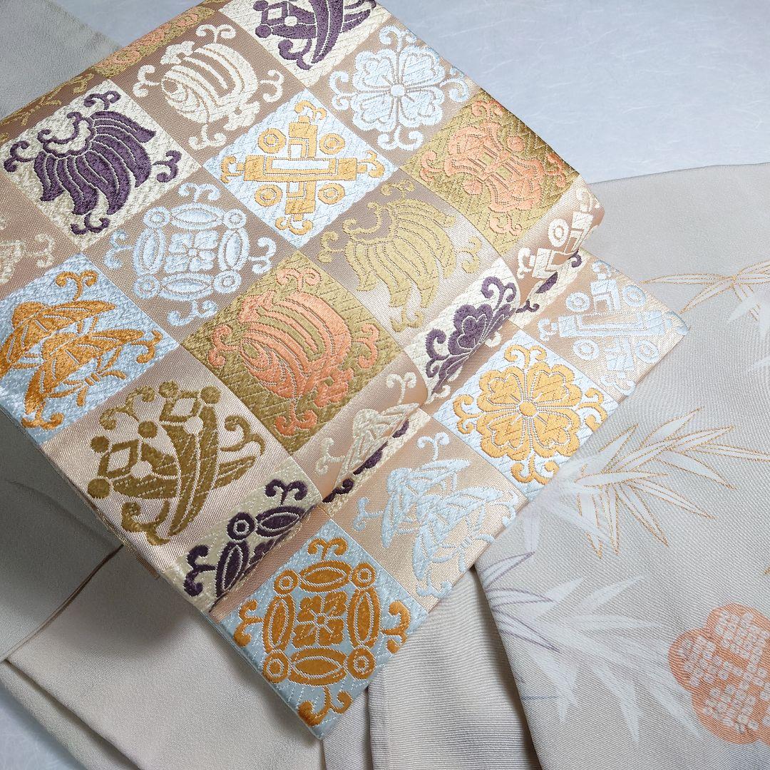 正絹 袋帯 六通柄 河合美術織物謹製 市松 宝づくし 極上 逸品 未使用品