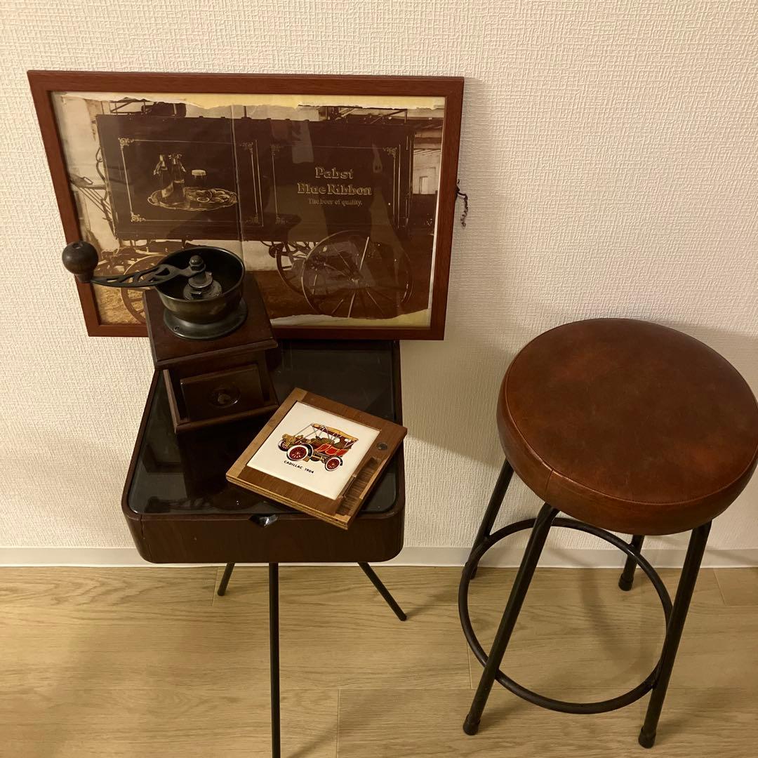 アンティーク　レトロ　長椅子　バーチェア　サイドテーブル　コーヒーミル　5セット