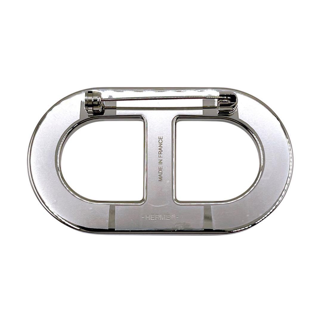 極美品 エルメス ブローチ シェーヌダンクル レザー 黒 ブラック 銀 シルバー