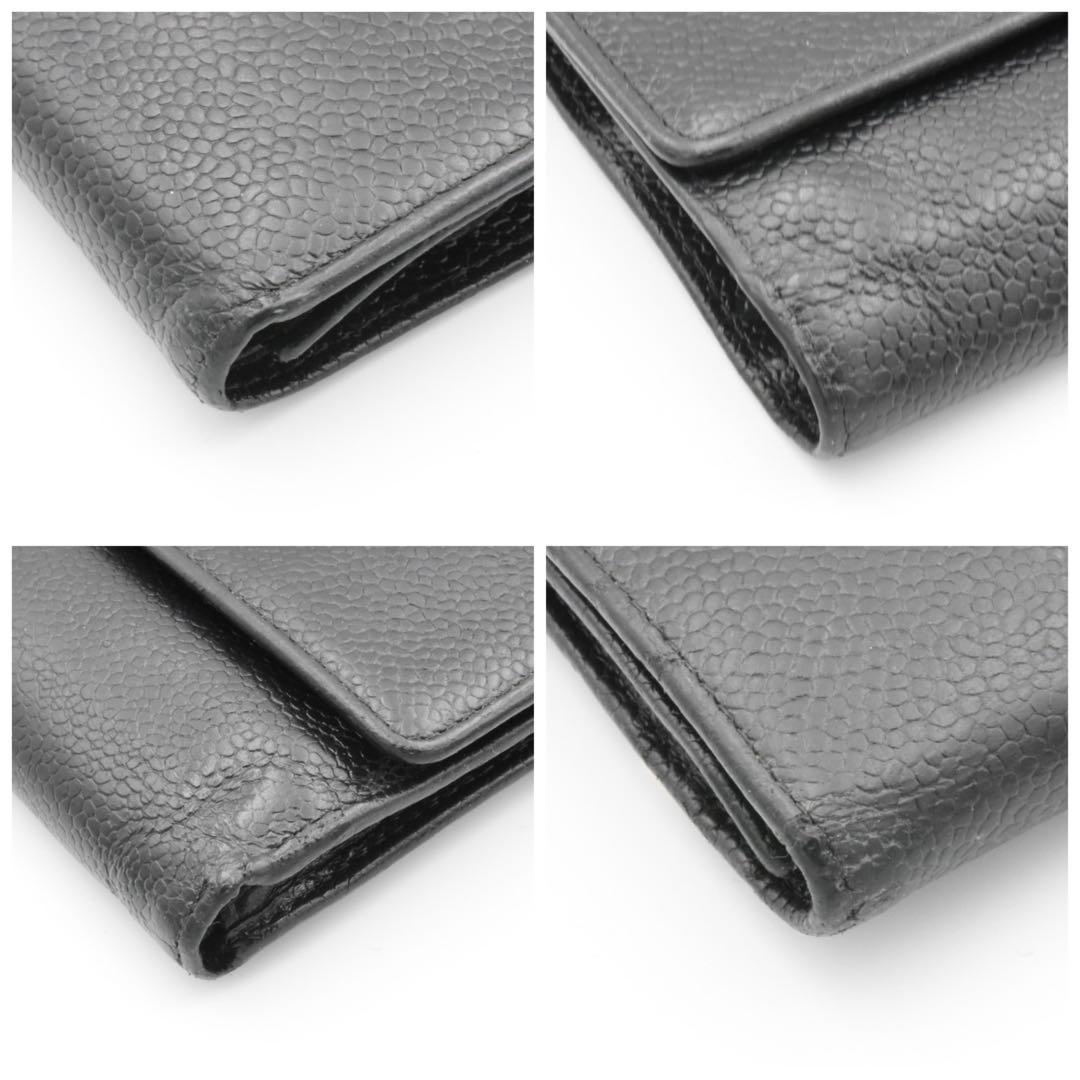 CHANEL ブラックレザー 三つ折り財布　キャビアスキンココマーク