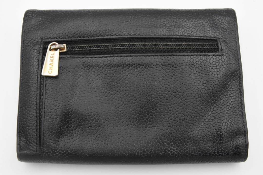 CHANEL ブラックレザー 三つ折り財布　キャビアスキンココマーク